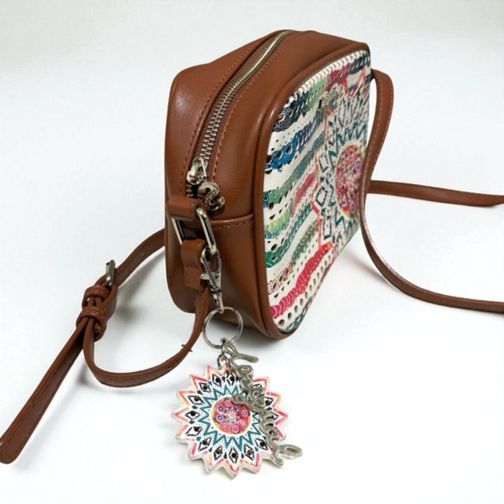 Desigual Charlotte Shoulder Bag Marine Print Perforated Brown Faux Leather Boho - Picture 2 of 15